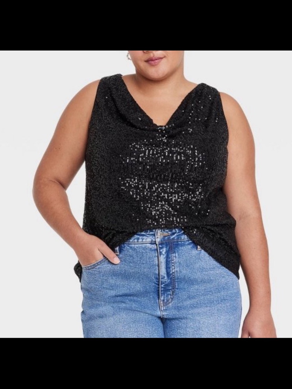 Sequin Cowl Neck Sleeveless Top - Black